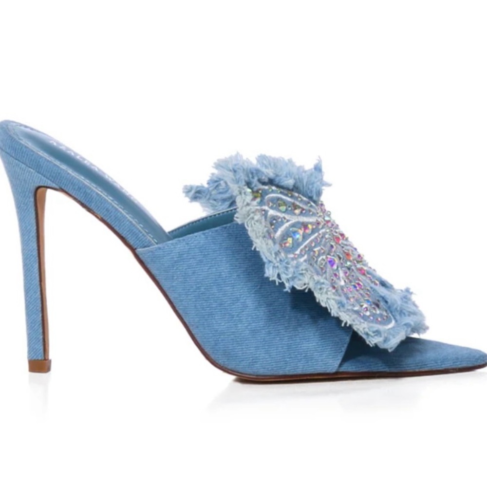 NIB AZALEA WANG ALAYA EMBELLISHED BUTTERFLY STILETTO IN WASHED DENIM SIZE 6 - Picture 4 of 17